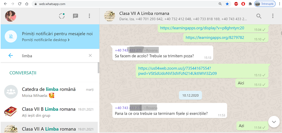 Printscreen whatsapp group with my A VII-th grade students