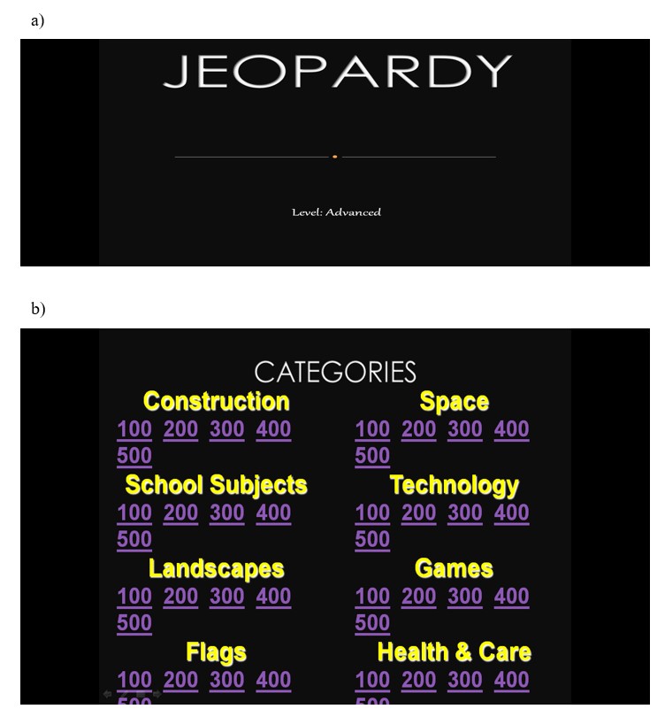 Figure 3. a), b) Jeopardy PPT (Hofman)